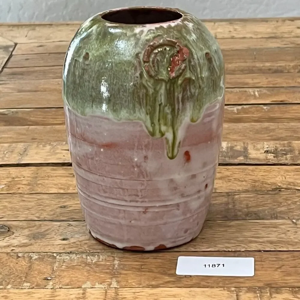 Art Studio Pottery Stamped Flower Vase 6.5 in Green & Pink Drip Glaze